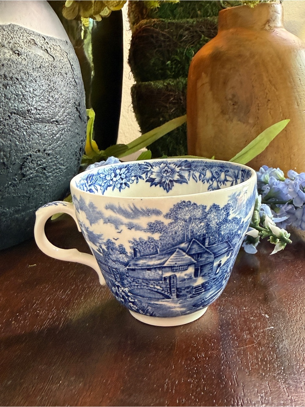 Blue and White Transferware Teacup - Scenic Cottage Design